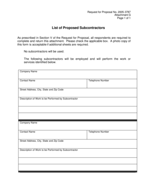 Request for Proposal Subcontractor List