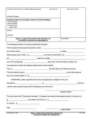 Small Claims Declaration Re Default in Mediated Agreements