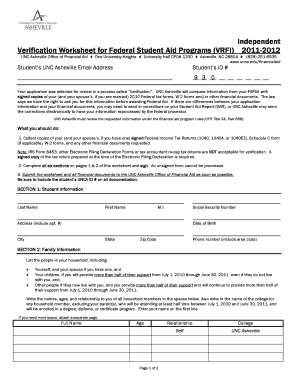Independent Verification Worksheet for Federal Student Aid Programs