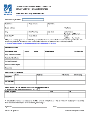 University of Massachusetts Boston Personal Data Questionnaire