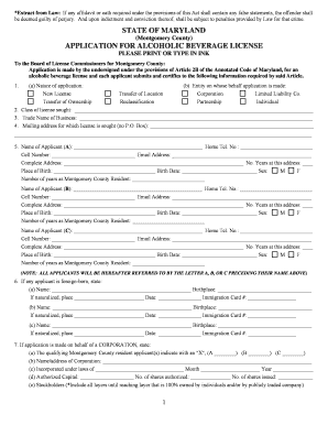 Maryland Alcoholic Beverage License Application