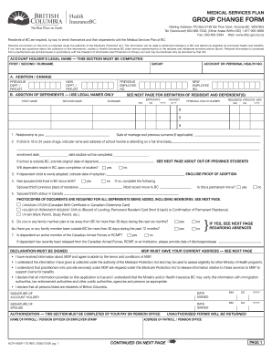 British Columbia Medical Services Plan Group Change Form