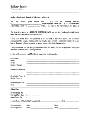 30-Day Notice of Resident’s Intent to Vacate