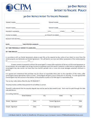 30-Day Notice Intent to Vacate Form