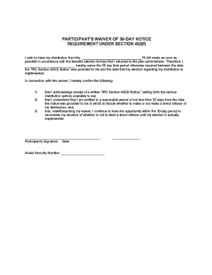 Participant's Waiver of 30-Day Notice Requirement