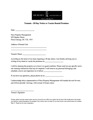 30 Day Notice to Vacate Rental Premises