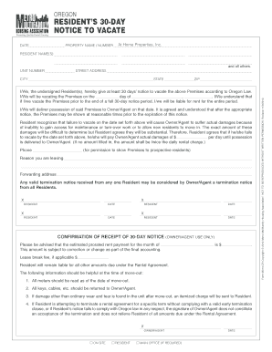 Oregon Resident’s 30-Day Notice to Vacate