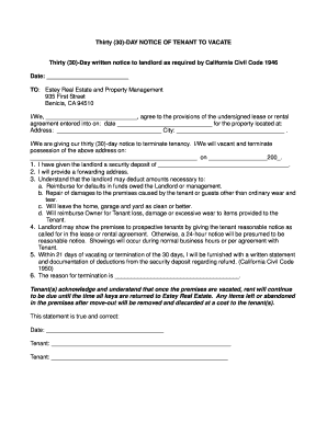 30-Day Notice of Tenant to Vacate