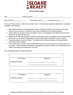 30 Day Notice to Vacate Form