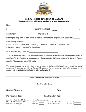 30 Day Notice of Intent to Vacate