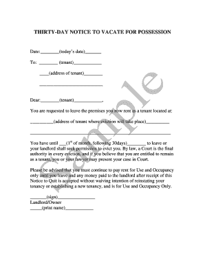 Thirty-Day Notice to Vacate for Possession