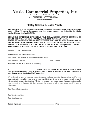 Alaska 30 Day Notice of Intent to Vacate