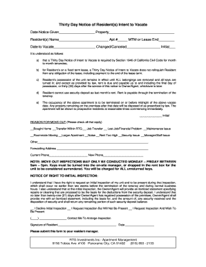 Thirty Day Notice of Intent to Vacate