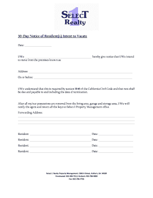 30-Day Notice of Resident Intent to Vacate