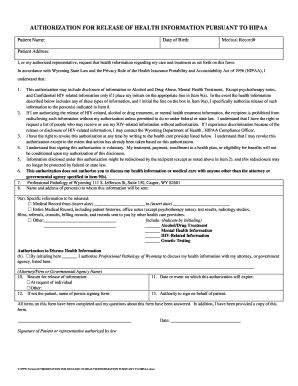 Authorization for Release of Health Information Pursuant to HIPAA