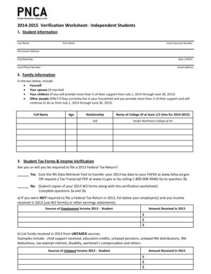 2014-2015 Verification Worksheet: Independent Students