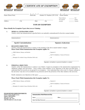 Certificate of Exemption for Immunizations