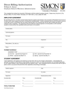 University of Rochester Direct Billing Authorization