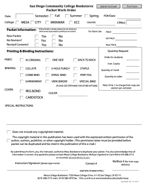 San Diego Community College Bookstores Packet Work Order
