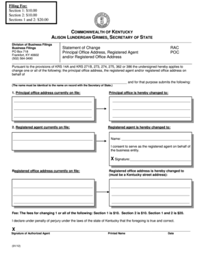 Kentucky Business Filings Statement of Change