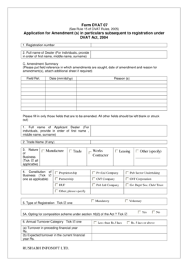 Form DVAT 07 Application for Amendment