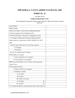Kerala Value Added Tax Delivery Note Form 32