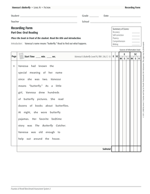 Vanessa’s Butterfly Reading Assessment Form