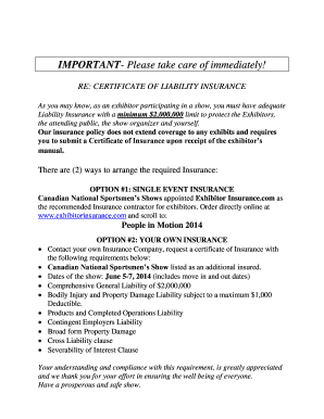 Certificate of Liability Insurance for Exhibitors