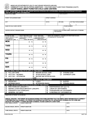 Missouri CACFP Enrollment Form for Child Care Centers
