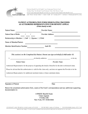 Patient Authorization Form Designating Provider as Authorized Representative for Benefit Appeal