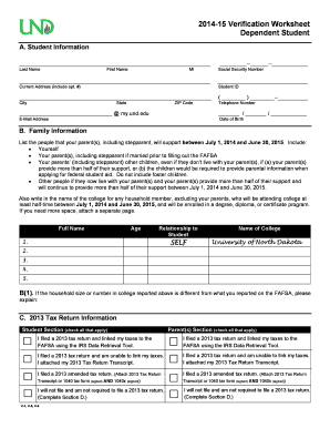 2014-15 Verification Worksheet Dependent Student