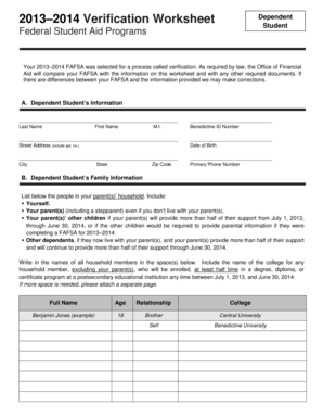 2013–2014 Verification Worksheet Dependent Student