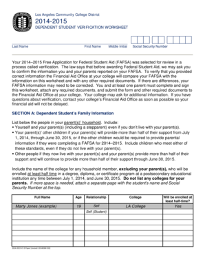 2014-2015 Dependent Student Verification Worksheet