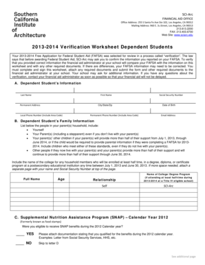 2013-2014 Verification Worksheet Dependent Students