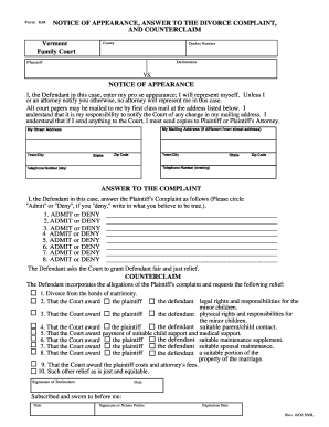 Form 838 NOTICE OF APPEARANCE, ANSWER TO THE DIVORCE COMPLAINT, AND COUNTERCLAIM Vermont Family Court County Docket Number Defendant Plaintiff VS - vermontjudiciary