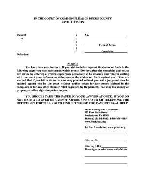 Complaint Form for Bucks County Civil Court