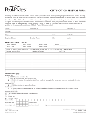 Peak Pilates Certification Renewal Form