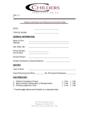 Trade Contractor Prequalification Form