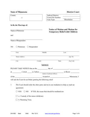Minnesota Notice of Motion for Temporary Relief with Children