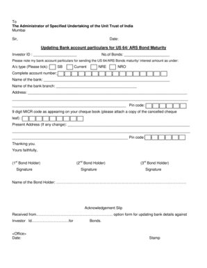 Bank Account Update Form for US 64/ARS Bond Maturity