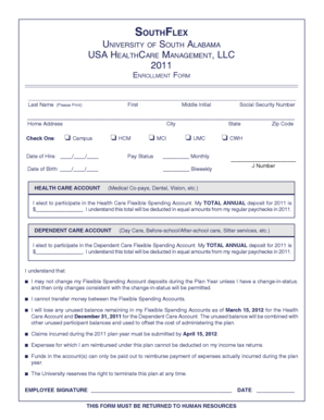 University of South Alabama Healthcare Management Enrollment Form