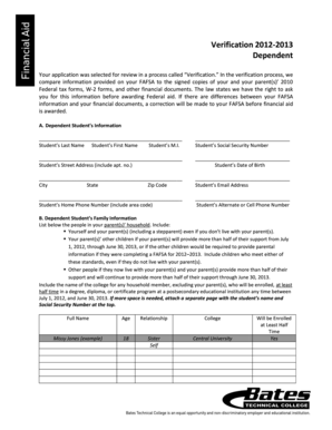 2012-2013 Verification Form for Dependent Students