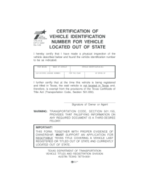 Texas Vehicle Identification Certification
