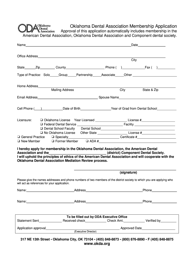 Fillable Online Oklahoma Dental Association Membership Application Fax