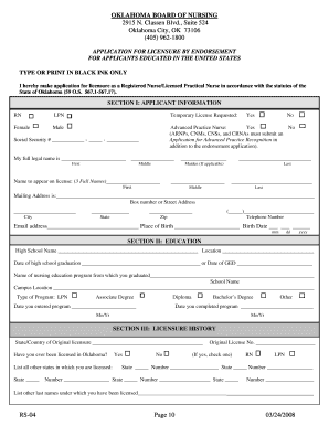 Oklahoma Nursing Licensure by Endorsement Application