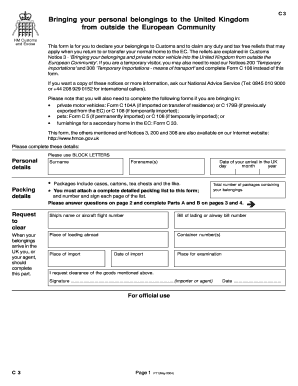 UK Customs Form C3 for Personal Belongings