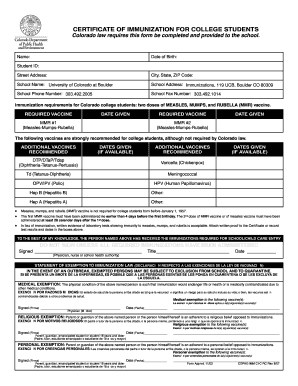 Colorado College Student Immunization Certificate