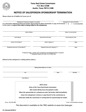 Texas Salesperson Sponsorship Termination Notice
