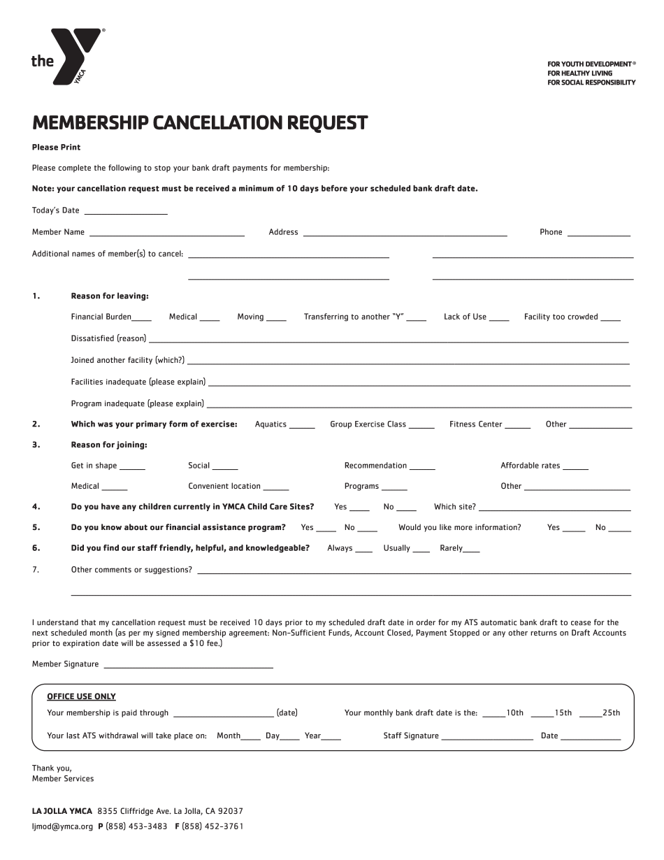 YMCA Membership Cancellation Form