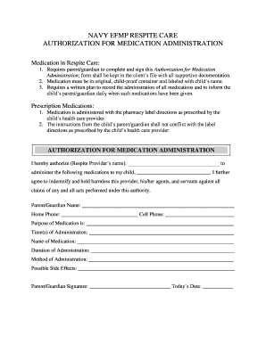 Navy EFMP Respite Care Medication Authorization